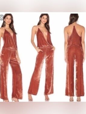 Young Fabulous and Broke Pink Velvet Deep-V Jumpsuit S